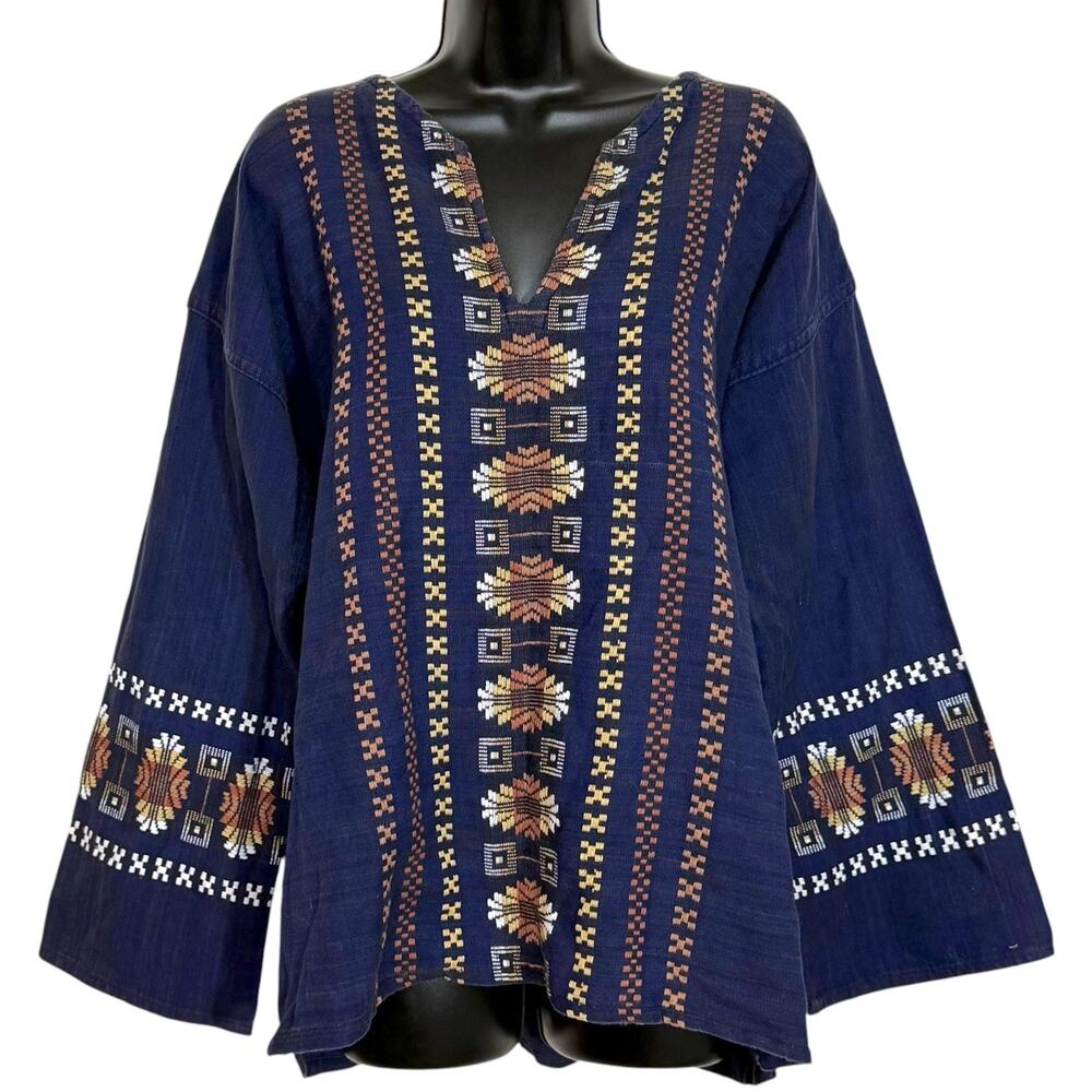 Vtg 90s Handmade Western Boho Blouse XL Indigo Blue Embroidered Tribal Folk Art